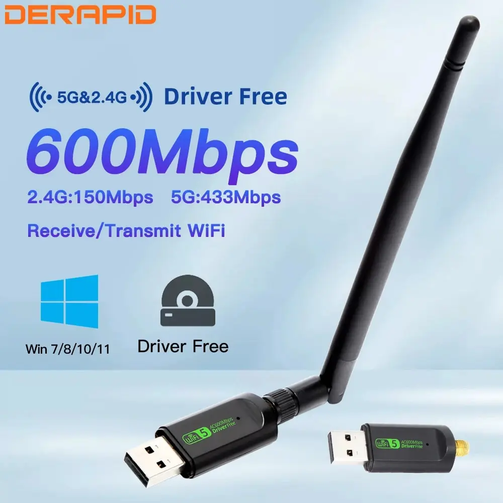 DERAPID USB Wi-Fi адаптер AC600 2,4G/5G двухдиапазонная беспроводная сетевая карта внешняя антенна для ПК/ноутбука