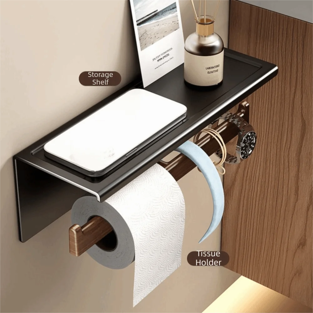 

Wood Material Wall-Mounted Toilet Paper Holder with Storage Tray Waterproof Bathroom Tissue Roll Rack Space Saving Rust-proof