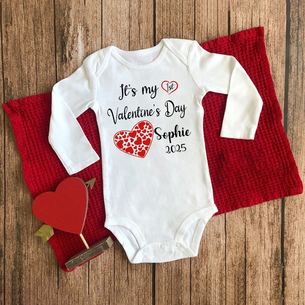 Personalized Baby Bodysuit It's My First Valentine's Day Infant Jumpsuit Custom Name Newborn Long Sleeve Romper Holiday Clothes