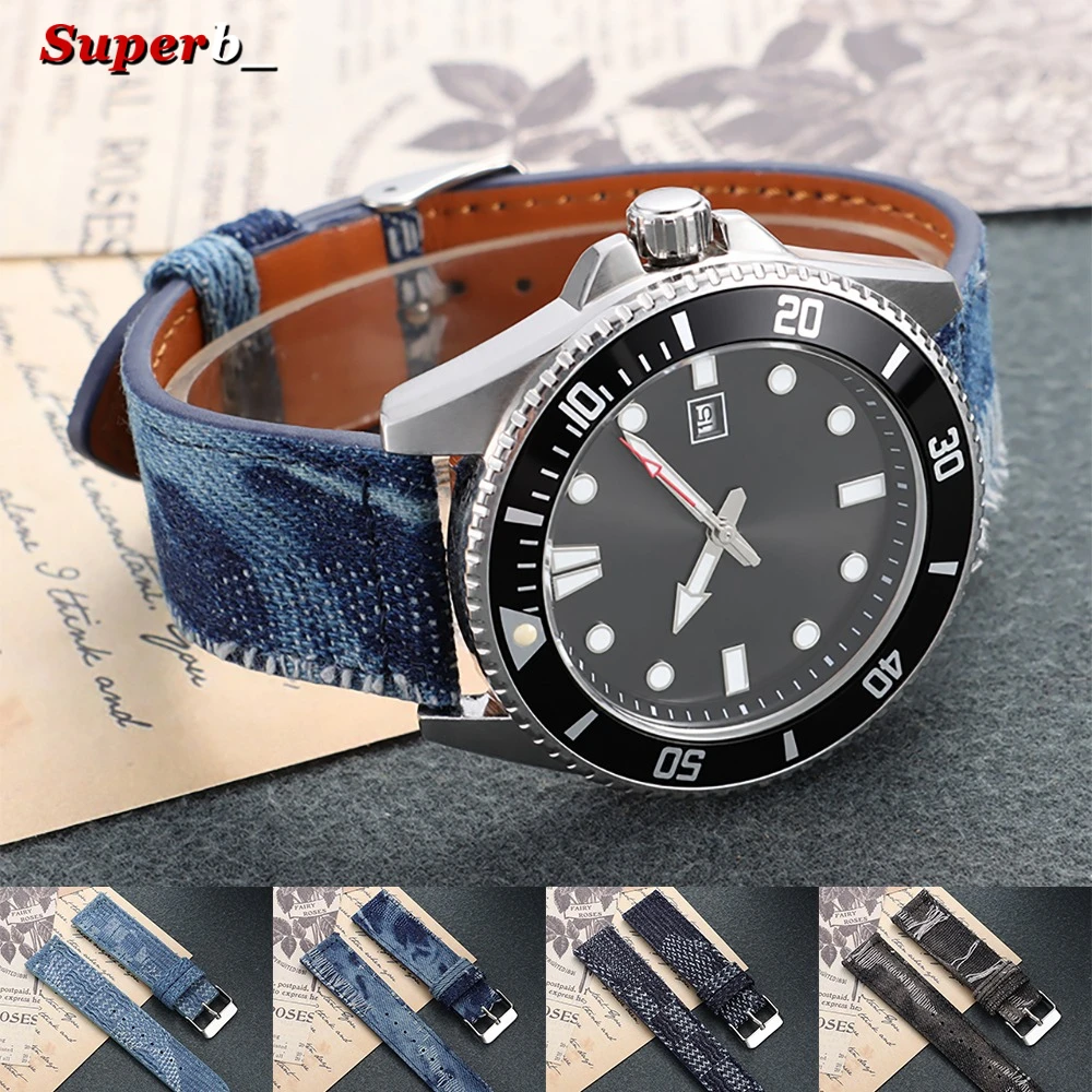 Denim Indigo Floral Watchband for Omega Vintage Leather Strap 18mm 20mm 22mm Watch Band for Seiko Men and Women Universal Correa