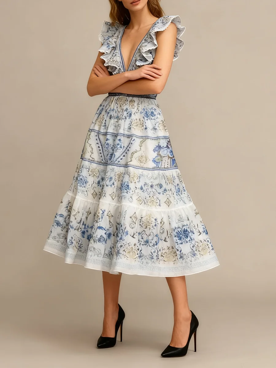 VGH Franse retro print midi-jurken voor dames diepe v-hals vliegende mouw hoge taille patchwork plooien rand galajurk vrouwelijk nieuw