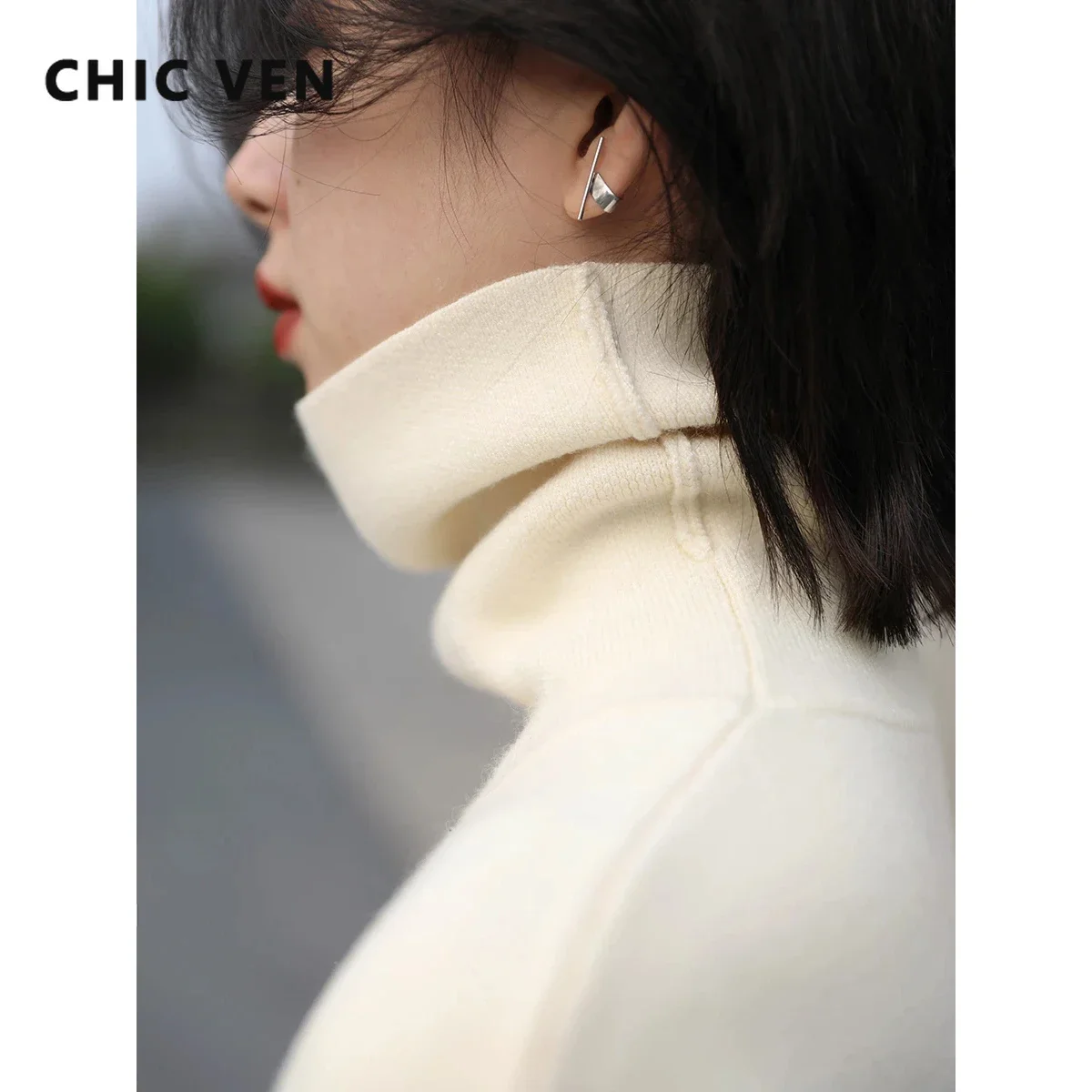 CHIC VEN Soft Waxy High Neck Bottomed Women Knitted Sweater Basic Solid Color Women's Pullover Winter Turtleneck Office Lady Top