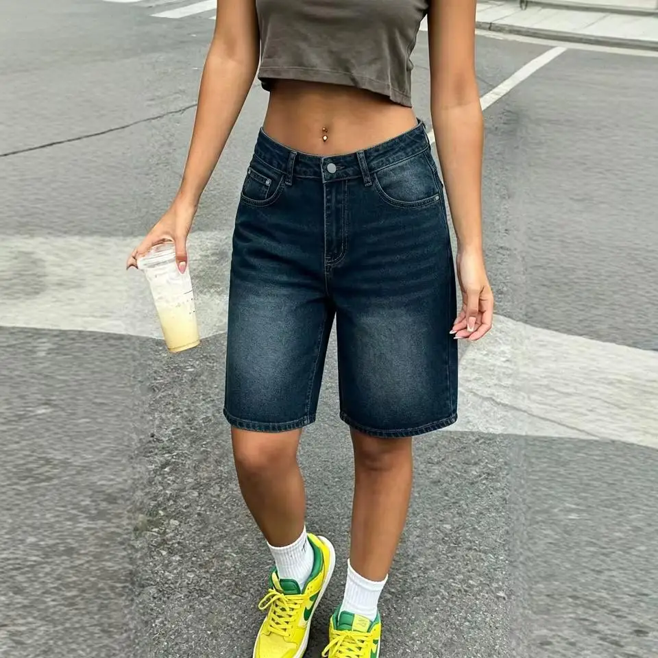 Women Denim Pant Knee Length Jeans Vintage Washed Mid Waist Straight Trousers Y2k Streetwear Elegant Work Casual Beach Summer