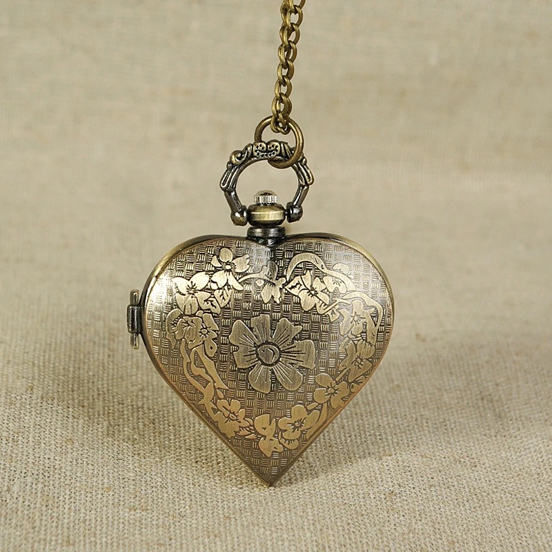 Vintage Bronze Heart Shape Mini Pocket Watch,With Necklace Pendant Exquisite Quartz Watch Fashion Gift Clock For Female Ladies