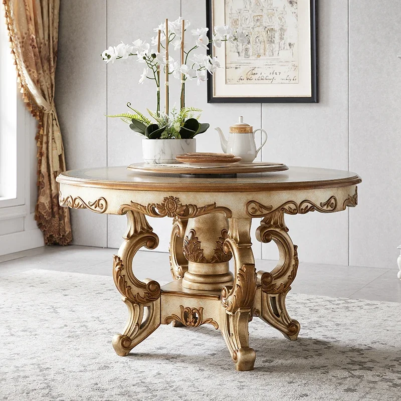 American-Style Rustic Dining Table Solid Wood European-Style Luxury Round Table 1.3 M Carved Table