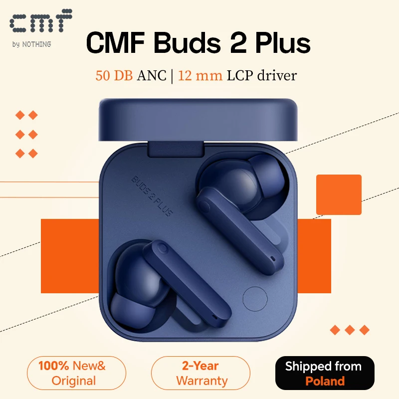 Słuchawki Bezprzewodowe CMF Buds 2 Plus TWS, 50dB Hybrydowe ANC, Przetwornik 12mm LCP, LDAC Hi-Res Audio, 61.5h Pracy, Szybkie Ładowanie 10 min, IP55