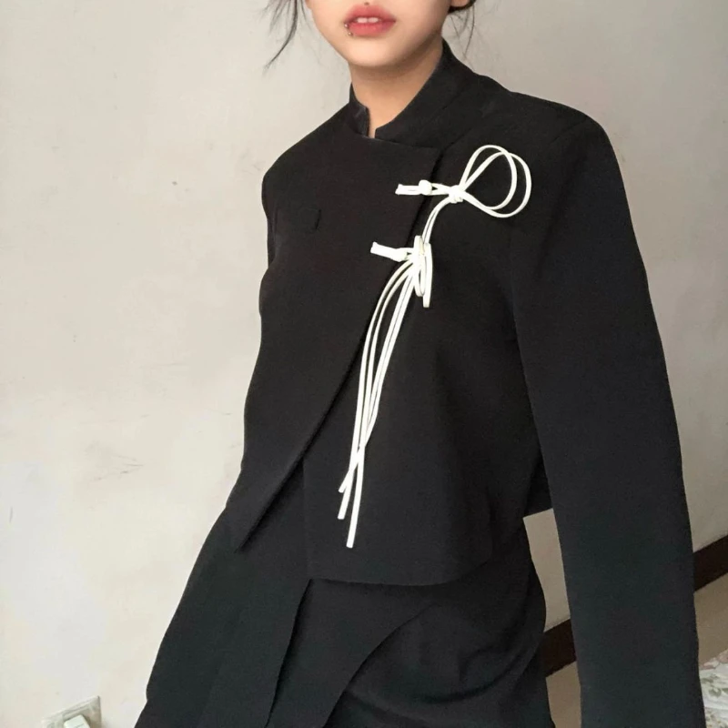 Black Blazers for Women Cropped Stand Collar Retro Chinese Fashion Clothes Girlish Y2k Temper Streetwear Traditional Designer