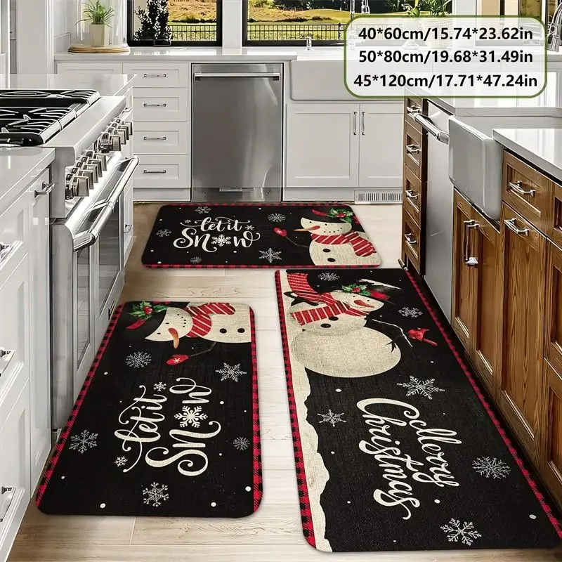 VIKAMA Christmas Santa Face Kitchen Mat Checkered Red Black Plaid Gold Merry Christmas Script Snowflake Holiday Floor Rug Decor