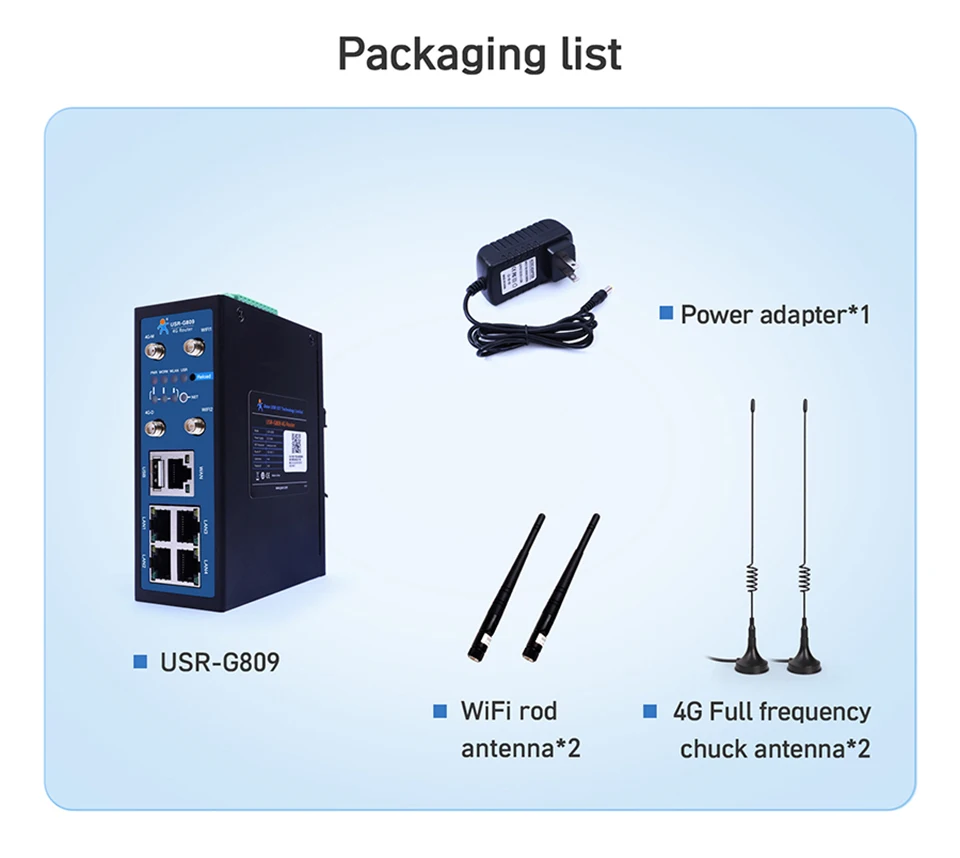 Enrutador VPN móvil Industrial USR-G809-EAU, 4G, LTE, Ethernet DI/DO, puerto serie R232/RS485 con antena de enchufe