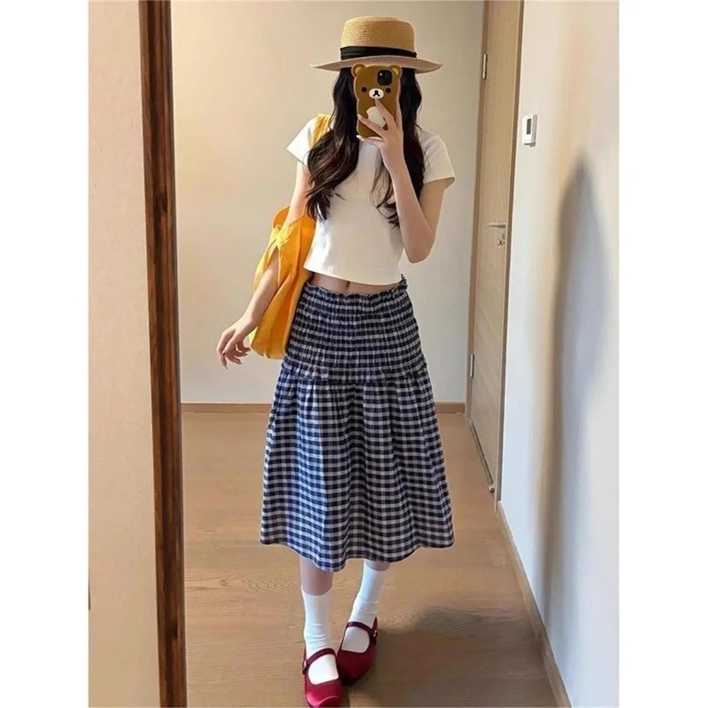 Summer Plaid Skirt Patchwork Korean Harajuku Y2k Chic Elastic High Waist Women Sleeveless A Line Dress Chic Pleated Midi Skirts