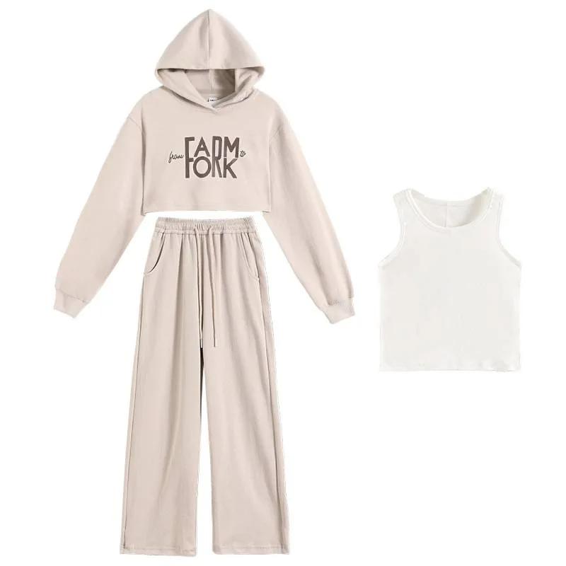 Girls Crop Alphabet Pullover Sweatshirt+Tee Top+Sweatpant Workout Set School Kids 3PCS Tracksuit Children Jogging Outfit  987