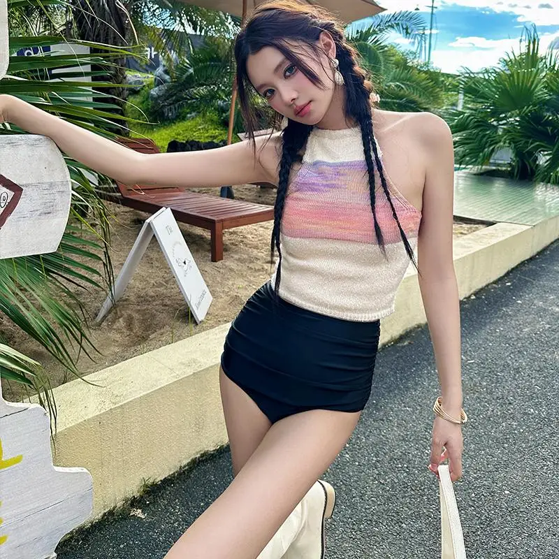 

Women's High Waist Bikini Two-Piece Swimsuit Stripe Pattern Thermal Spring Sweet Conservative Cover-Up Sli Korean Version