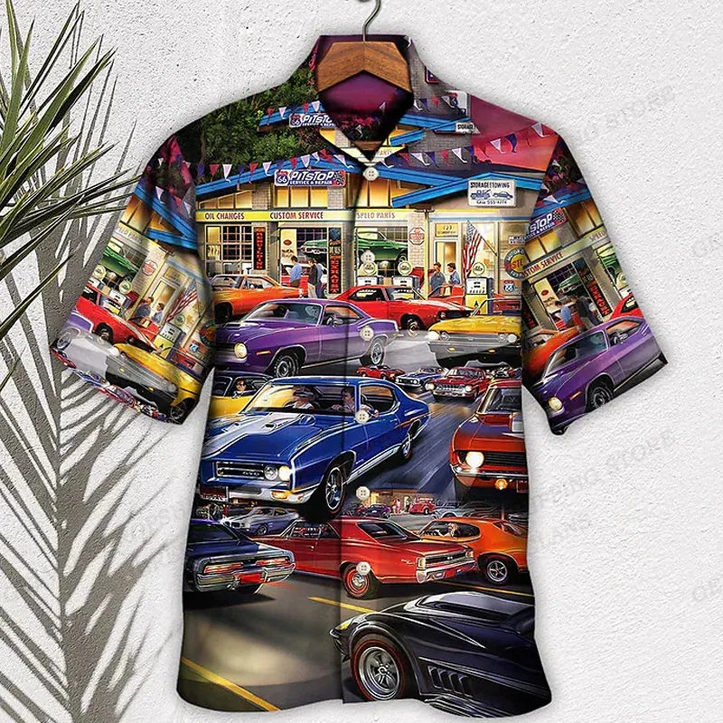 Men\'s Hawaiian Shirt Car Graphic Print Shirts Men Fashion Casual Beach Blouse Vocation Lapel Motorcycle Camisa