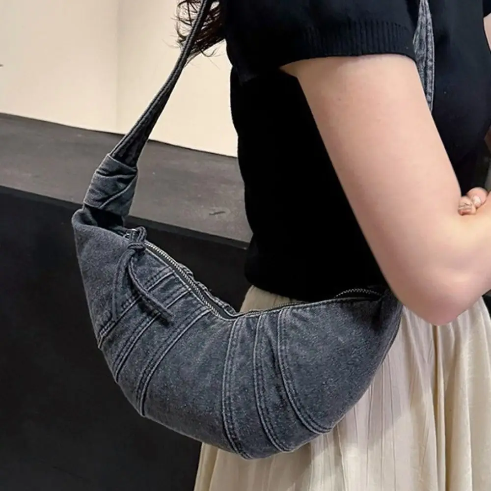 

Fashionable Vintage Croissant Crossbody Bag Large Capacity Solid Color Denim Canvas Bag Handbag Casual Jeans Canvas Bag Travel