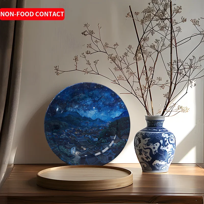 1pc Starry Village Ceramic Decorative Plate Van Gogh Style Art Display Home Wall Decor Non-Food Contact Living Room Bedroom