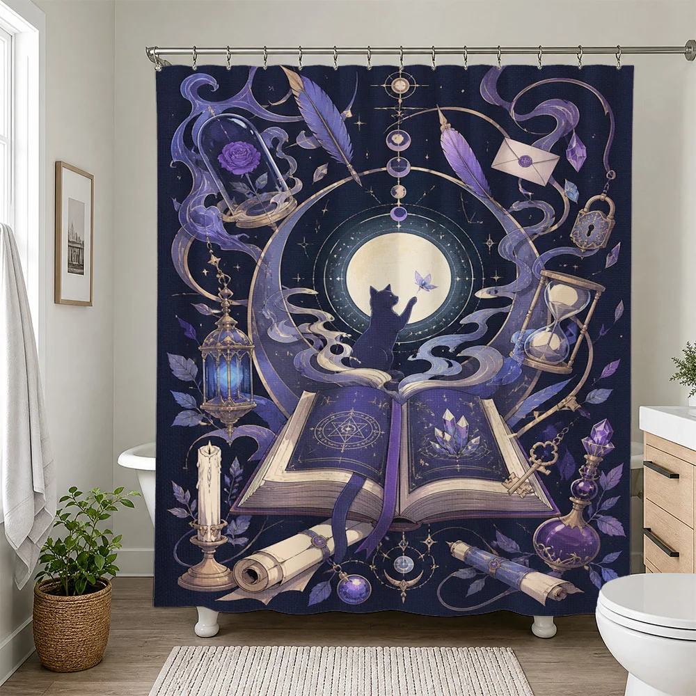 Mystical Celestial Cat Magic Book Bath Shower Curtain Dark Academia Witchy Bohemian Bathroom Decor