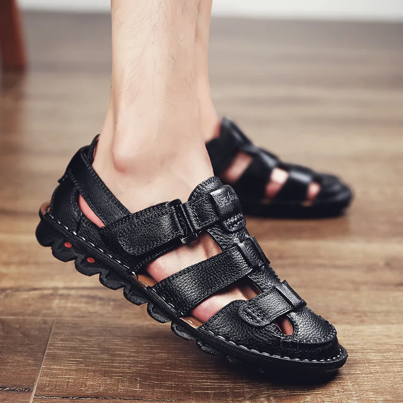 Men's Genuine Leather Sandals 2026 Summer Anti-slip Outdoor Beach Shoes Toe Cap Top Layer Cowhide dad Sandals Large Size 38-48