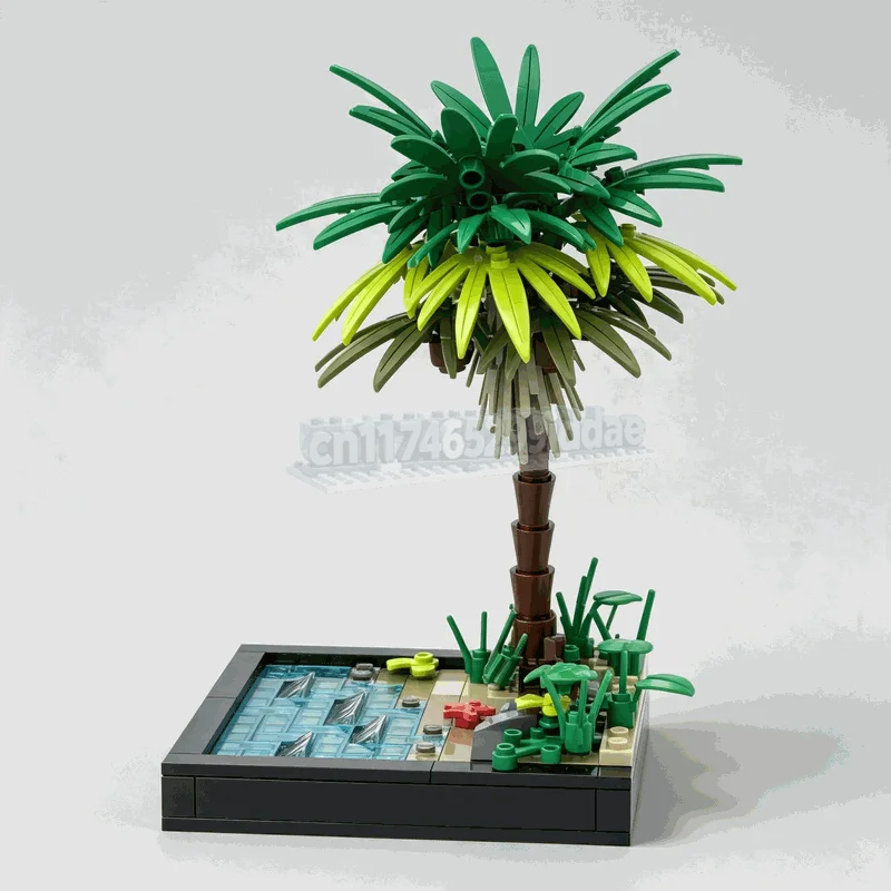 197Parts Desert Island Survivor Vignette Building Blocks Model Tropical Palm Tree Ocean Scene DIY Assembly Set Collection Gift