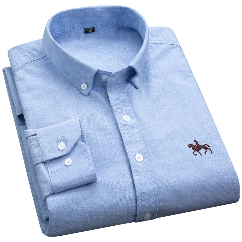 Quality 100% Cotton Oxford Shirts Men Long Sleeve Embroidered Horse Casual Without Pocket Solid Yellow Social Korean Shirt S-6XL