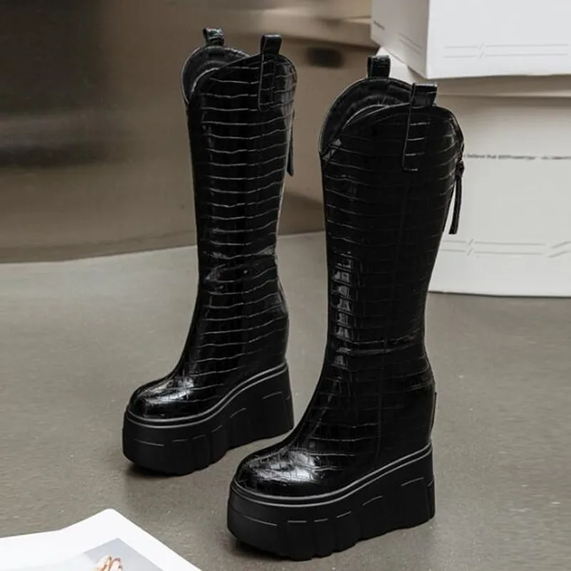 2026 Autumn Winter Long Boot Woman Wedges 14CM Super High Heels Thick Bottom Shoes White Knee High Boots Gothic Style Women Shoe