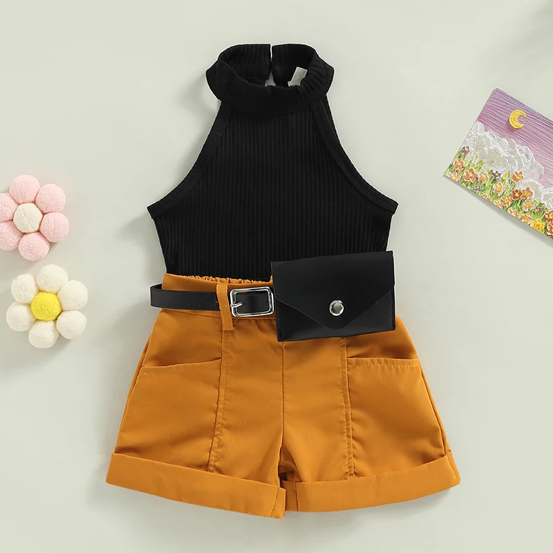 Kids Baby Girls Clothes Fashion Summer Outfit Solid Color Sleeveless Halterneck Ribbed Tops and Shorts Fanny Pack Casual Set