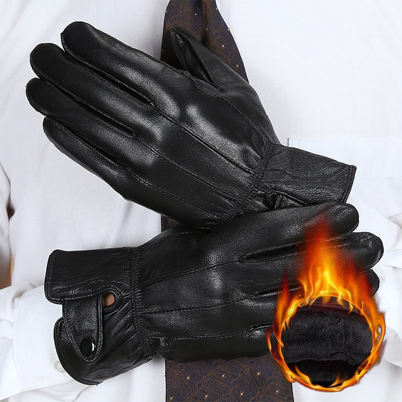 1pair Men's PU Leather Winter Autumn Driving Keep Warm Gloves Fleece Tactical Gloves Black Outdoor Sports Waterproof Mitten