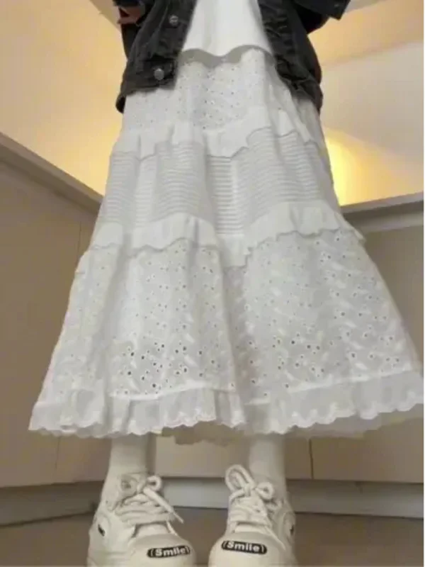 Trendy Korean Style Elastic Waist A-Line  Skirt Pure Color Fluffy Design Versatile Long Skirt for Young Women