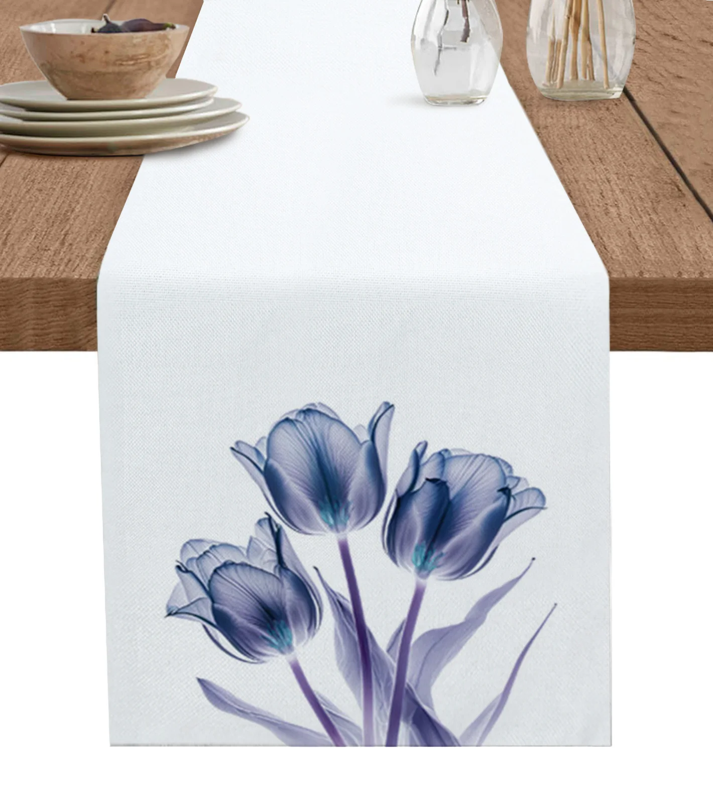 

Flower Tulip Transparent Abstract Table Runner Cotton Linen Wedding Dining Table Cover Cloth Home Kitchen Decoration Placemat