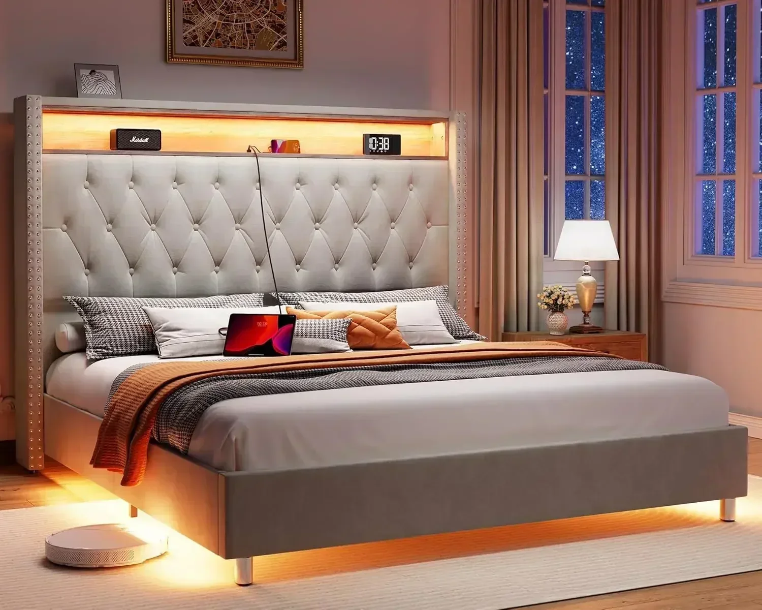BestsellerQueen Size Bed Frame 53.6'' Tall Headboard LED Lights Charging Station, Velvet Hign Upholstered Platform Bed Wingback