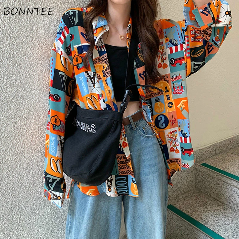 Shirts Women Retro Print Chic Spring Autumn Sun-proof Long Sleeve Harajuku Stylish Tops High Street Ins Popular College Clothes