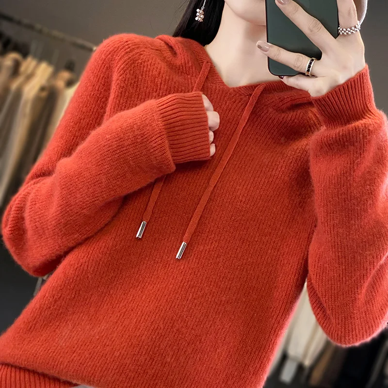 Classic Hoodie Women Knitwear Cashmere blend Pullover Fashion Wool Sweater Vertical stripe style Thick Warm Loose Basics Tops