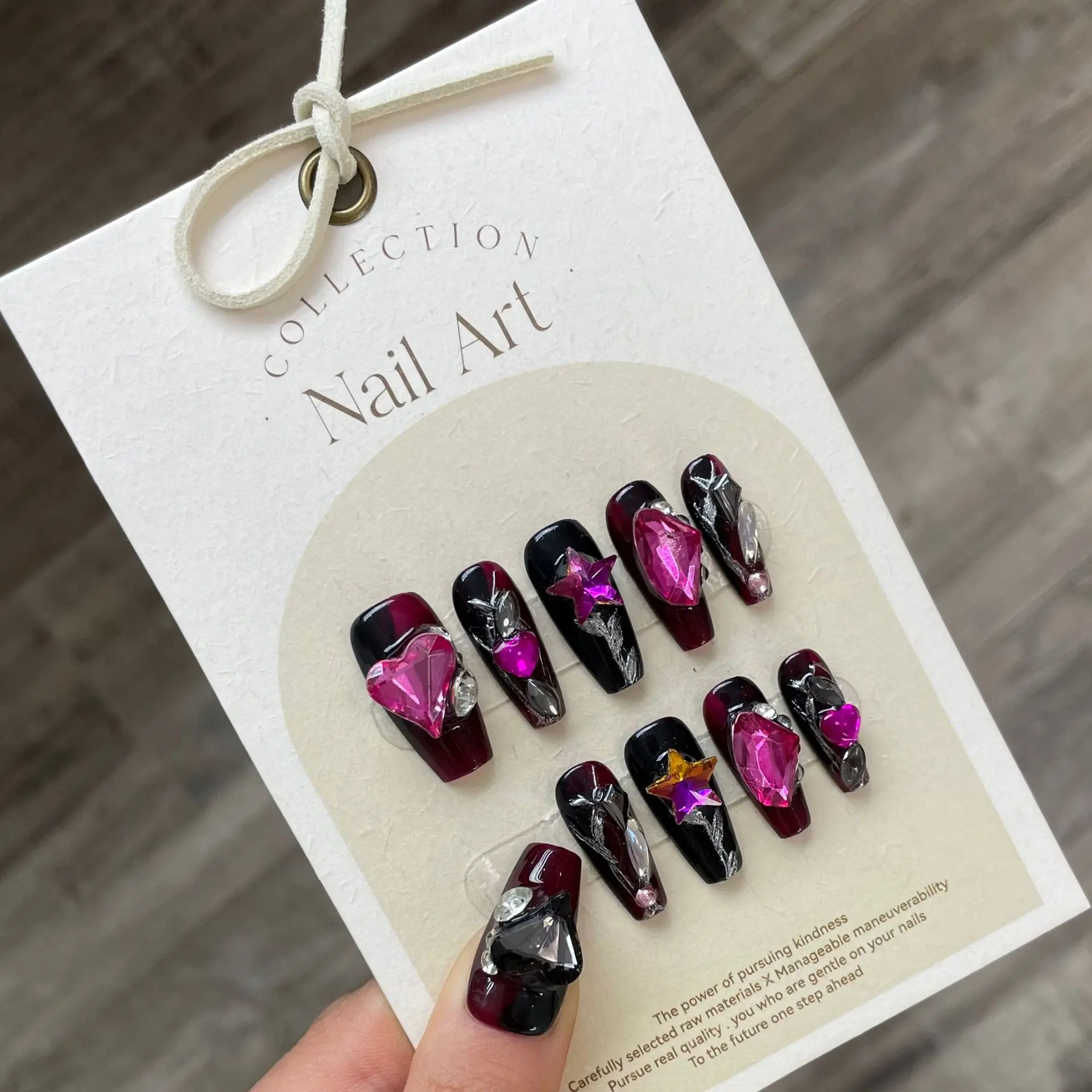 Heart Ruby Handmade False Nails Full Cover Ballerina  Fake Nails Wearable Artificial Handworked Press on Nails With Rhinestones