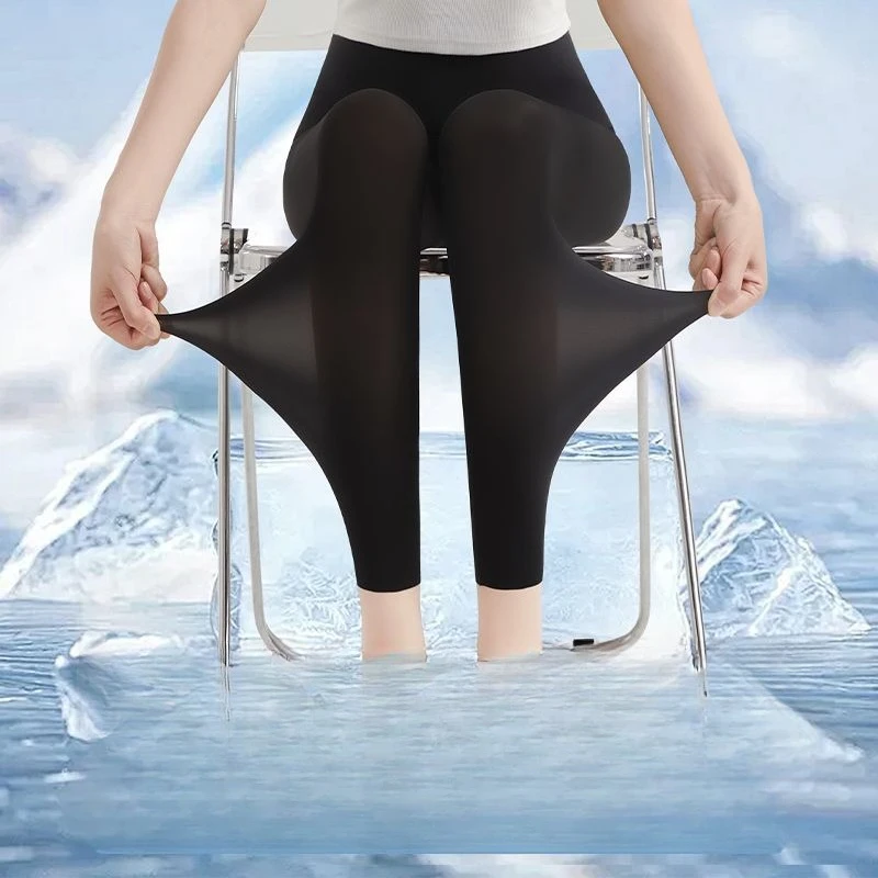 Women Ultra-thin Ice Silk Leggings Sun Protection Tights Elastic Waist Yoga Fitness Breathable Quick Drying Nine-pant Clothes