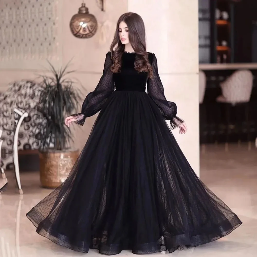 Romantic Black Dot Tulle A Line Prom Dresses Arabic O neck Modest Evening Dresses Long Sleeves Party Special Occasion Gown