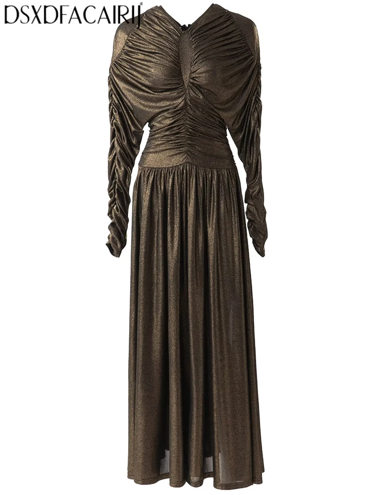 

DSXDFACAIRIJ женские однотонные винтажные платья макси с v-образным вырезом и рукавами с гофрировкой, весенне-осенние тонкие темпераментные платья макси