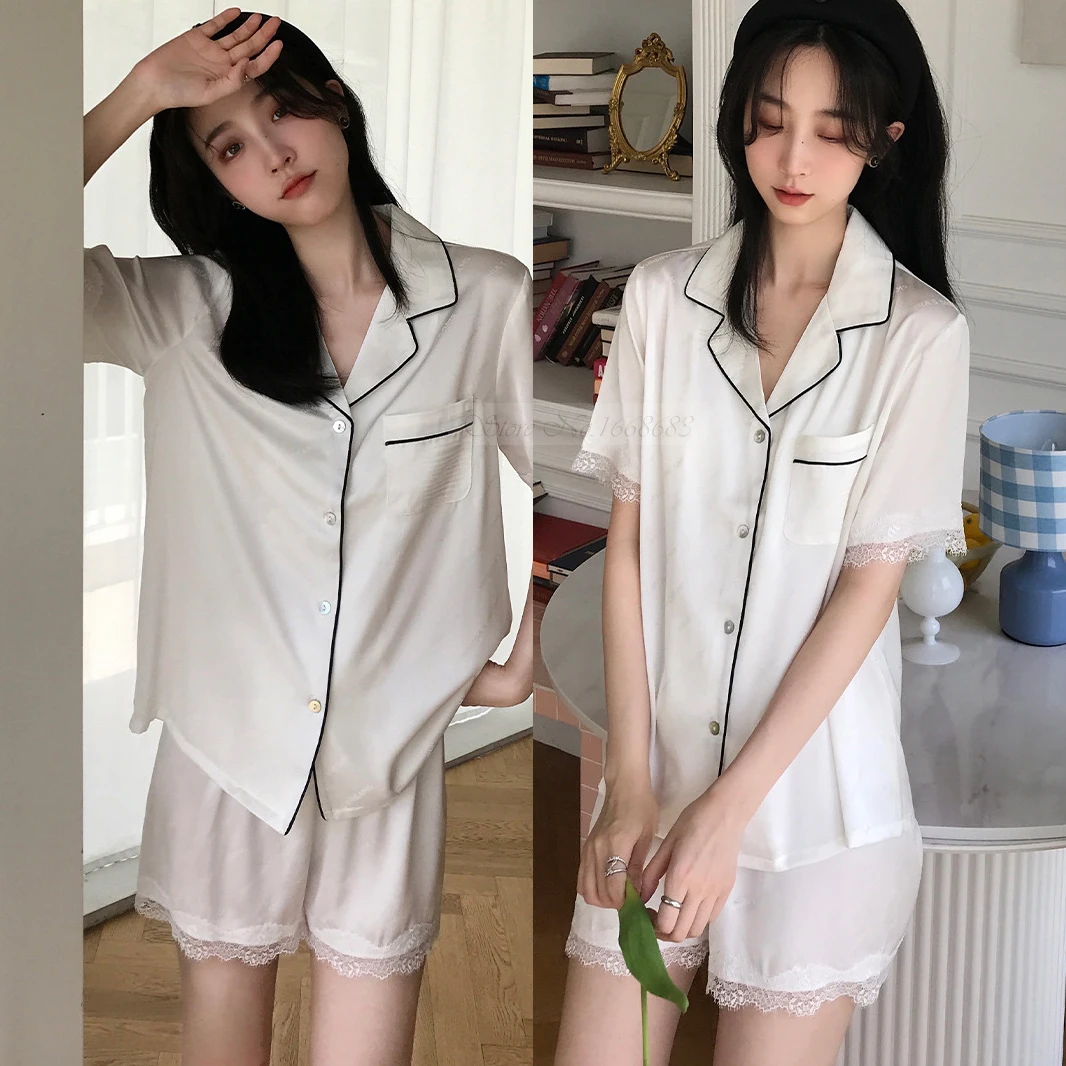 Summer Female Pajamas White Short Sleeve Shorts Pijamas Suit Sexy Lace Trim 2PCS Sleepwear Set Homewear Loose Satin Lounge Wear