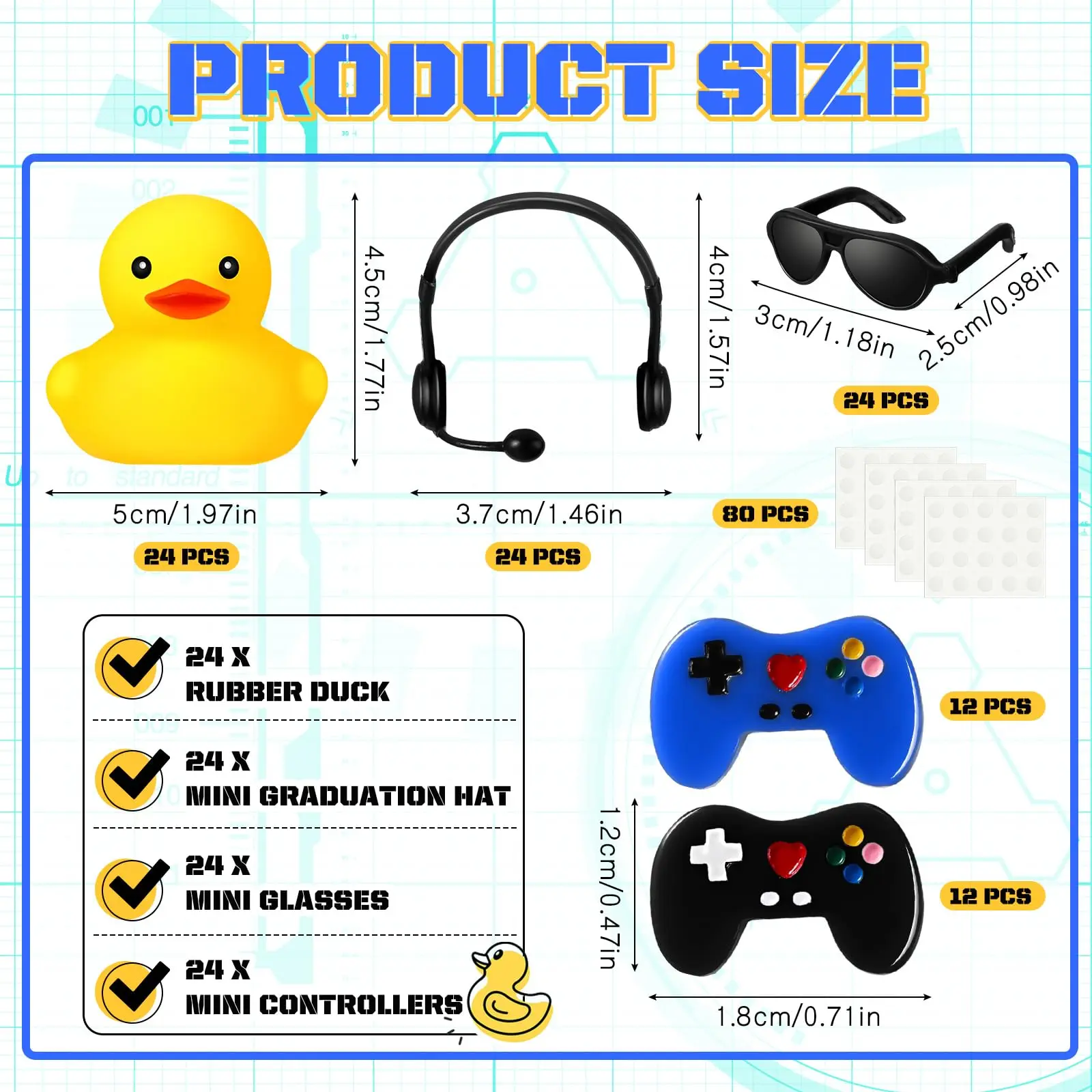 24 Sets Video Game Party Favors Rubber Ducks with Mini Headset Glasses and Controllers Cute Bath Rubber Ducks Small Bathtub Acce