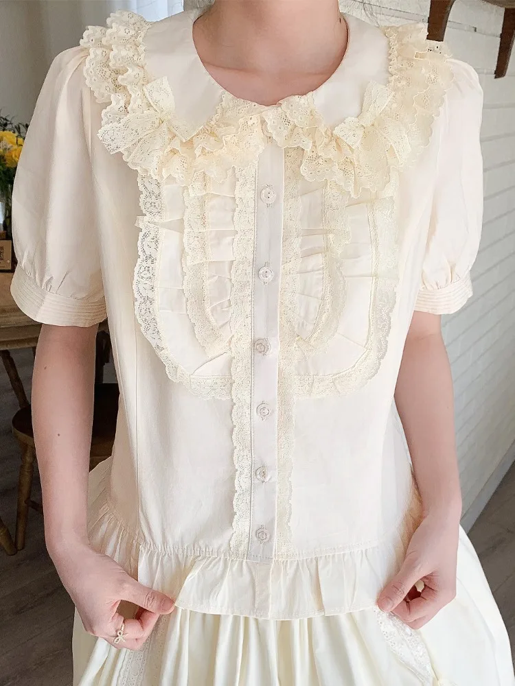 

Summer Cute Lolita Peter Pan Collar Blouses 2025 New Cotton Short Sleeves Tops Mujer Y2k All-match Bottoming Shirt Women