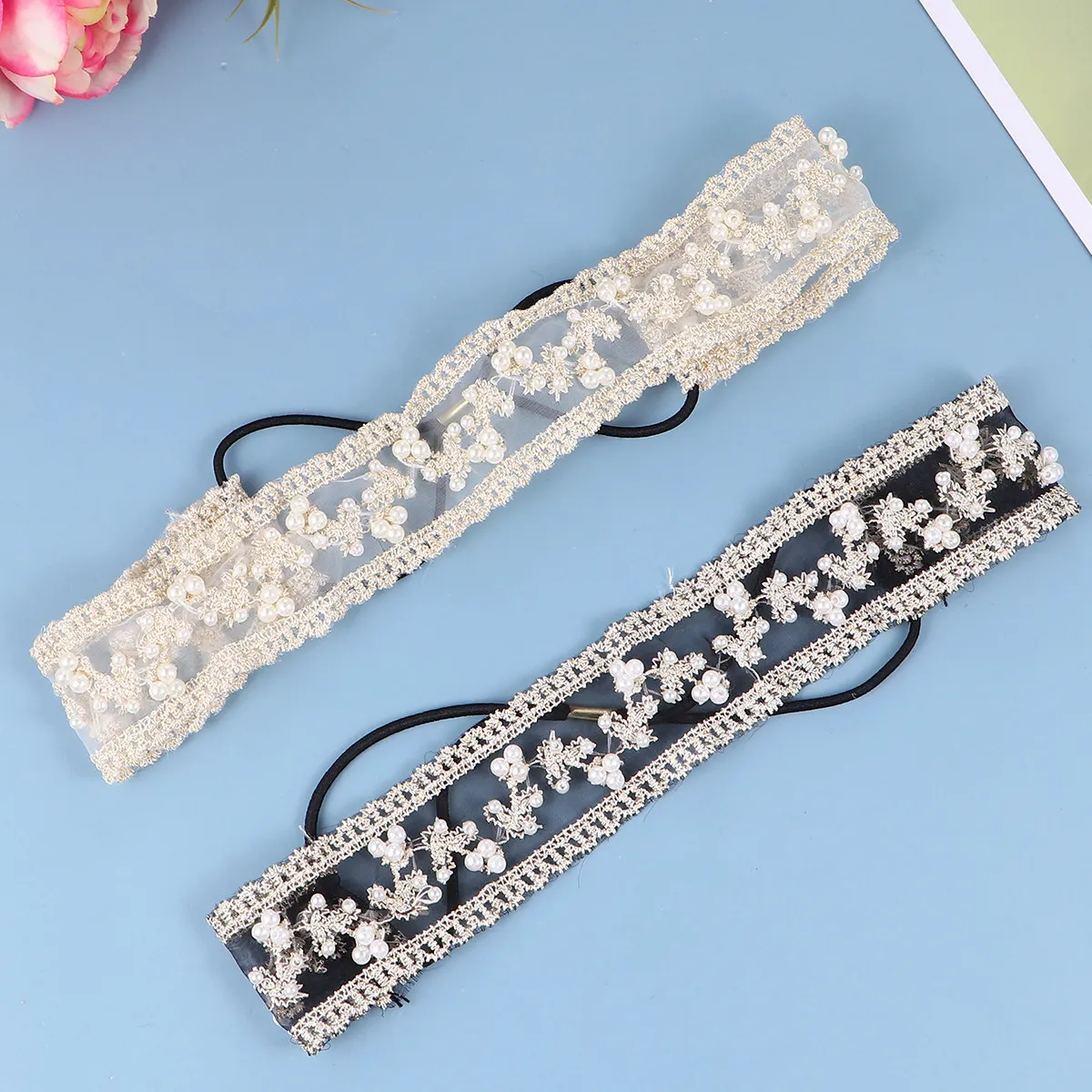 

2Pcs Elastic Lace Beaded Hairband Black Beige Durable Hair Accessories Women Headwear for Wedding Party Photo Shoot
