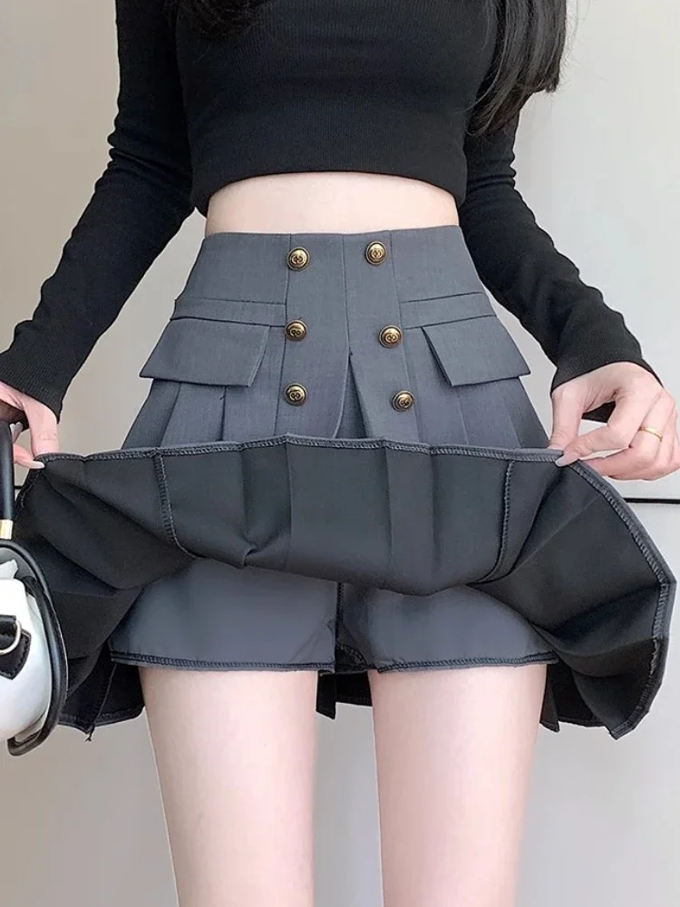 

Suit Pleated Skirt Autumn Winter New Korean-Style Commuter High Waist Button Stitching A-Line Skirts Slim-Fit Culottes Women