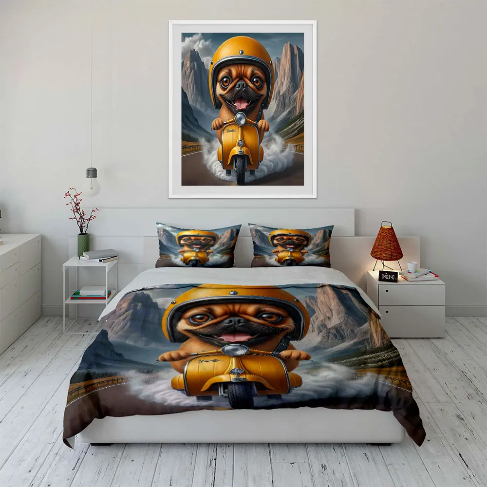 Cartoon fun pug riding motorcycle Pattern Duvet Cover Set Digital Print Colorful Polyester Bedding with Zipper Closur for gifts