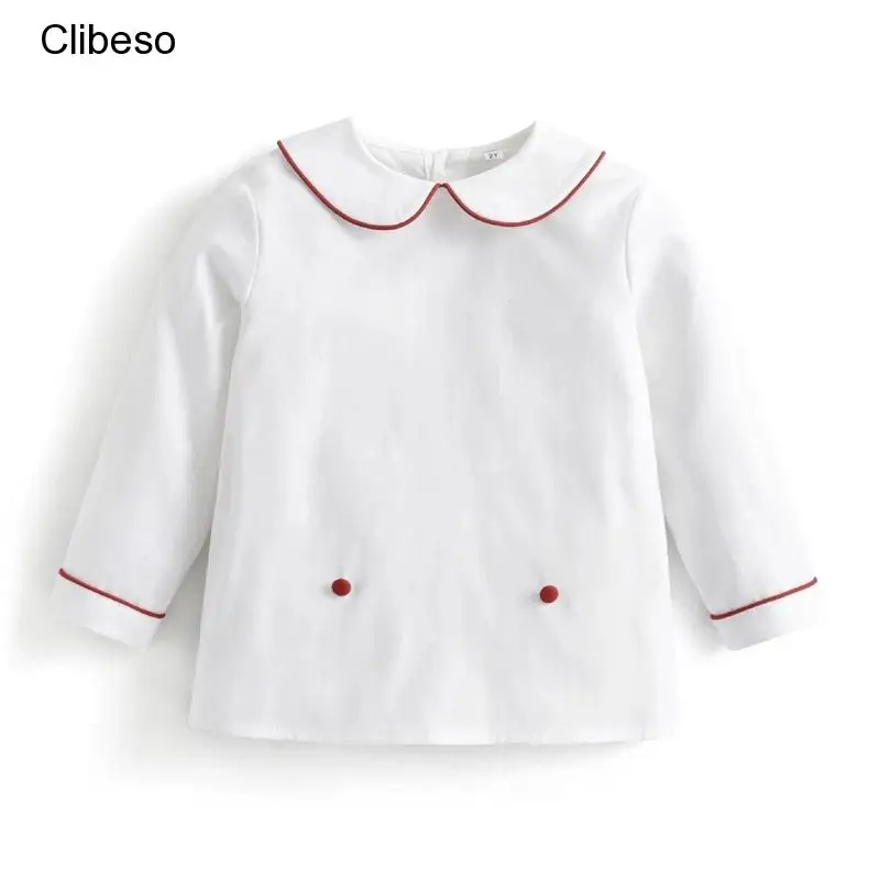 Terno espanhol de manga comprida infantil, camisas de algodão branco, calções azuis, criança boutique, roupa de aniversário para meninos, 2 peças