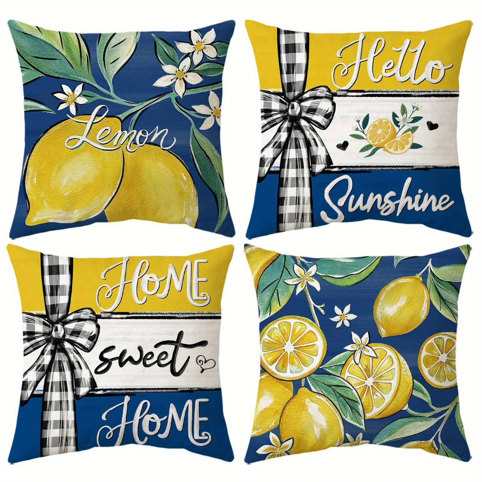[]4pcs, Short Plush Contemporary Lemon Theme Throw Pillow Covers, 18in*18in, Spring Summer Stripes Bow Home Decor Cushion Covers
