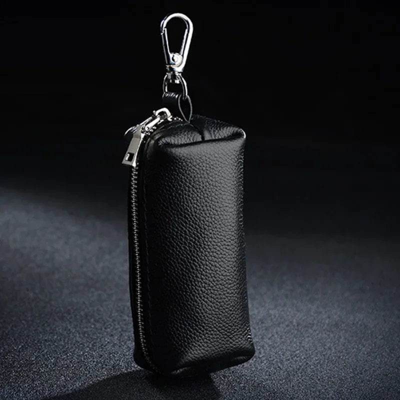 Genuine Leather Key Holder - Unisex Car/House Key Organizer Pouch with Long Keychain, Cow Split Leather Wallet Case