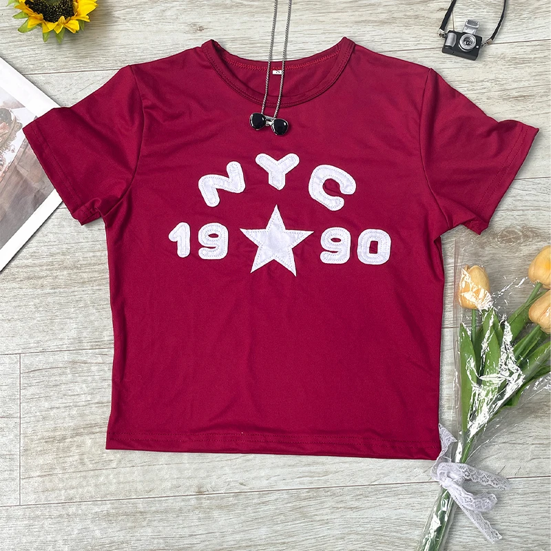 

2025 Spring Summer NYC Red Retro Fun Print Women's Tees Slim Fit Crop Tops Vintage Casual Couple Short Sleeve T-shirt Graphic