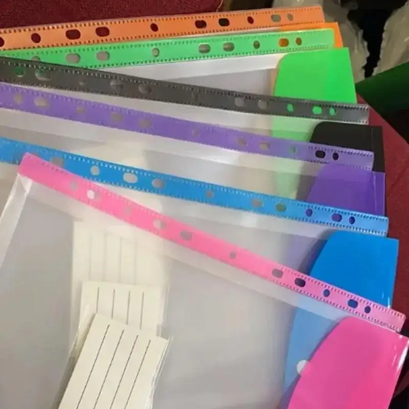 6pcs A4 File Bag School Office Plastic Envelope With Adhesive Snaps 11 Holes File Folder Expansion Bag For 2/3/4 Ring File Bag