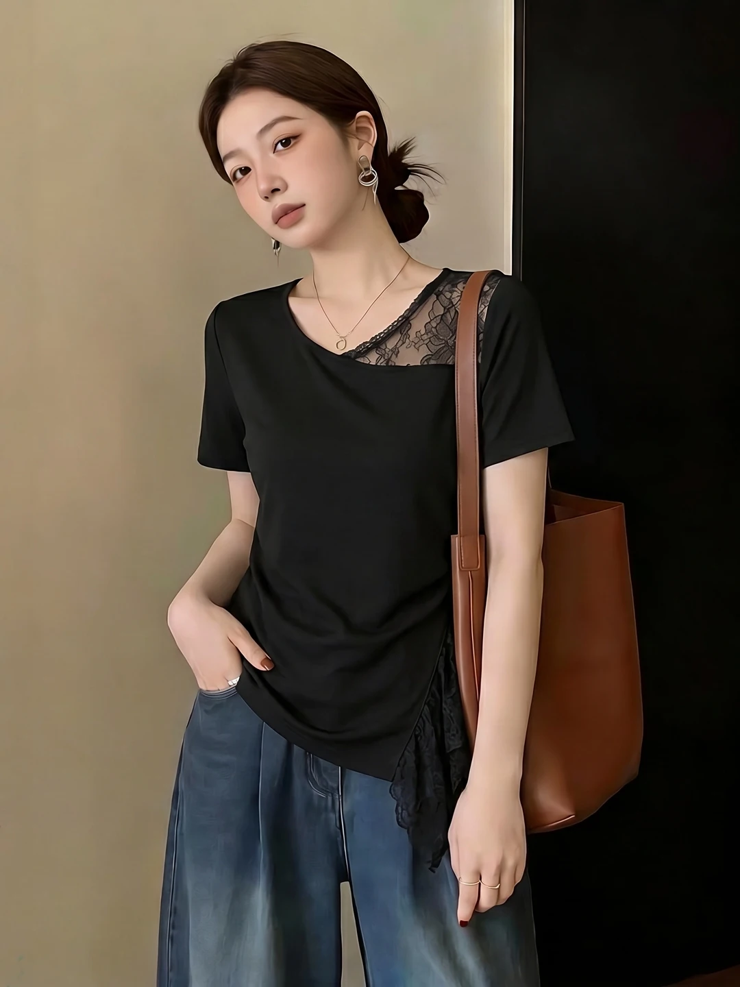Sweet And Spicy Girl Black Lace Splice Pure Cotton Short Sleeve T-Shirt Women Summer plus Size Slimming Versatile Top