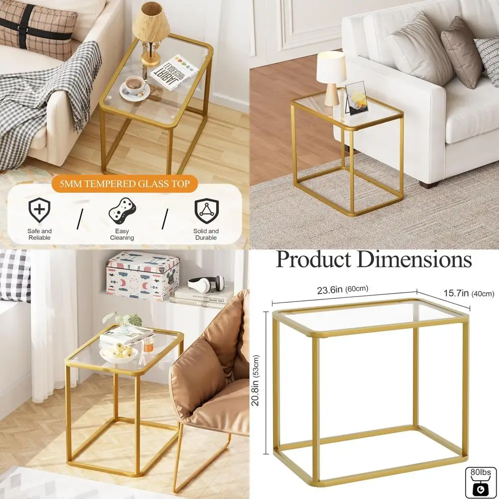 طاولة جانبية مستطيلة بإطار معدني ذهبي للغرف المتعددة، سهلة التجميع، 23.6 × 15.7 × 20.8 بوصة