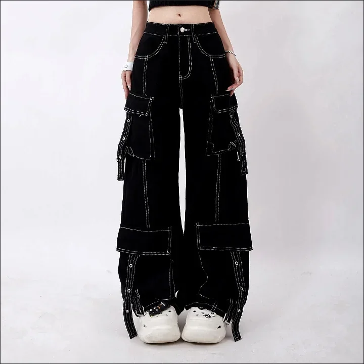 American Retro High Street Cargo Jeans 2025 Autumn Women High Waist Y2K Streetwear Wide Leg Denim Pants Vintage Baggy Trousers