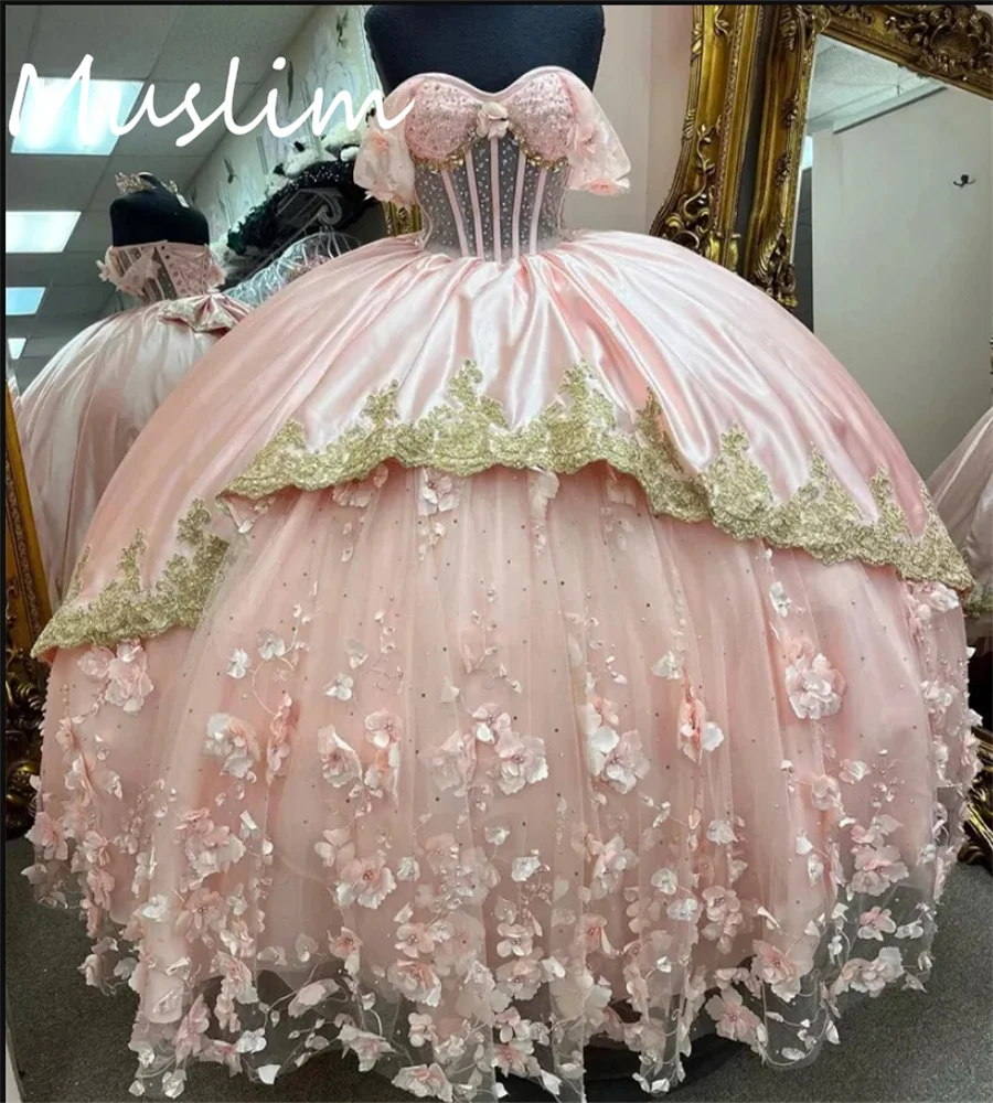 Gorgeous Pink Quinceanera Dresses With 3D Florals Puffy Beaded Vestidos De Xv Años Debutante 15 Birthday Party GownsCustomized